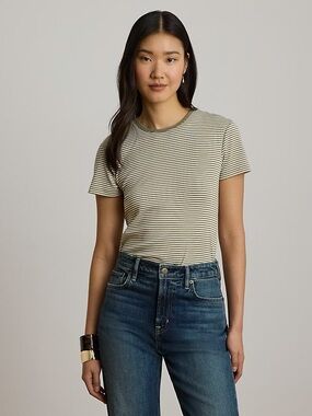 Lauren Ralph Lauren Olive and White Striped Crewneck Tee